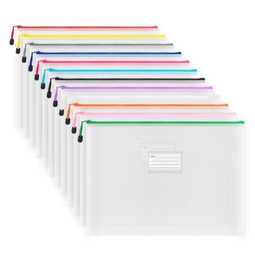 Plastic Mesh Zipper Pouch, 12Pcs Zipper File Bags with Label Pocket, A3 Size 16.9x12in, White - size: A3 Size 16.9 x 12 in