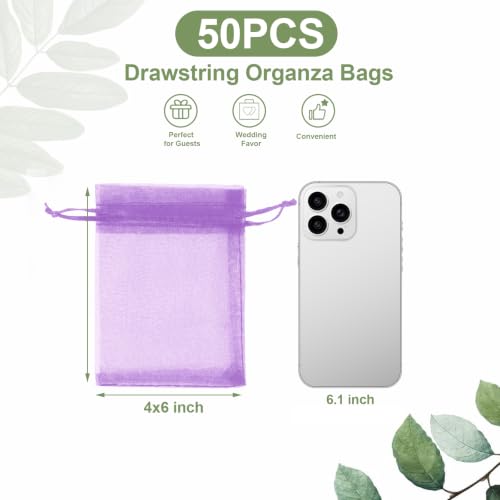 Kelfuoya 50Pcs Organza Drawstring Pouches, Purple 4"×6" Sheer Gift Bags - color: Purple-4"x6"