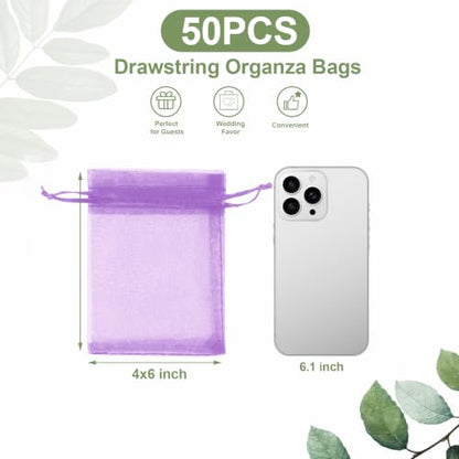 Kelfuoya 50Pcs Organza Drawstring Pouches, Purple 4"×6" Sheer Gift Bags - color: Purple-4"x6"