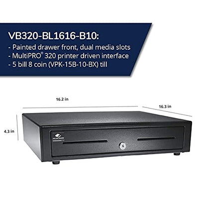 APG VB320-BL1616-B10 Vasario Series Standard-Duty Painted-Front Cash Drawer with MultiPRO 320 Interface, 24V, 16.2" x 4.3" x 16.3", Black