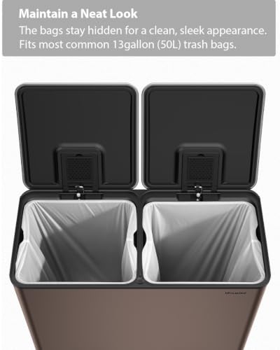 Dual Trash and Recycling Bins for Kitchen, 2*13.2 Gal Dual Trash Can, Brown - color: Brown, size: 2 * 13.2 Gallon