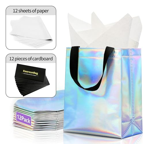 KeerxunBag Holographic Gift Bags - 12pk - Reusable - With Inner Liner Paper - color: iridescent