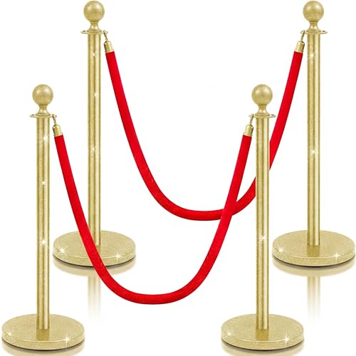 Ferraycle 4 Pcs Stainless Steel Stanchion 38 Inch,Velvet Rope, Glitter Gold - color: Glitter Gold