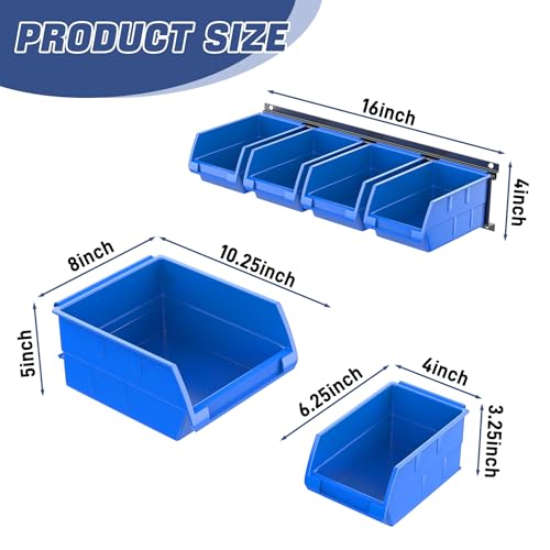 WALMANN Wall Mounted Storage Bins for Small Parts, 10 Bins with 3 Rails - color: Blue