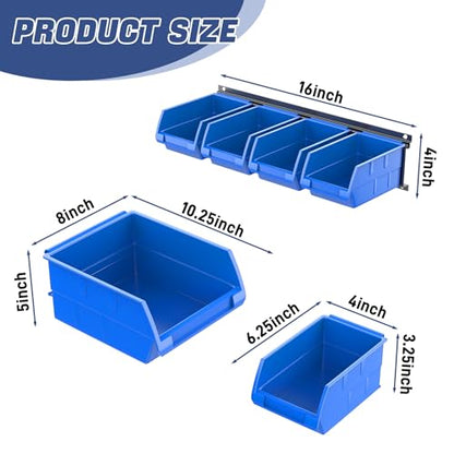 WALMANN Wall Mounted Storage Bins for Small Parts, 10 Bins with 3 Rails - color: Blue