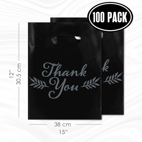 Thank You Bags, Merchandise Bags, With Handles, Black, 12”x15”, Bulk 100Pk - color: Black, size: 12" x 15"