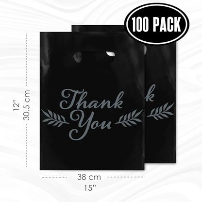 Thank You Bags, Merchandise Bags, With Handles, Black, 12”x15”, Bulk 100Pk - color: Black, size: 12" x 15"