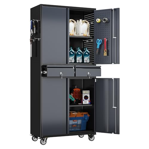 71" Metal Garage Storage Cabinet with 2 Drawers and Wheels - color: Black-dark Gray, size: 16"D x 30"W x 71"H