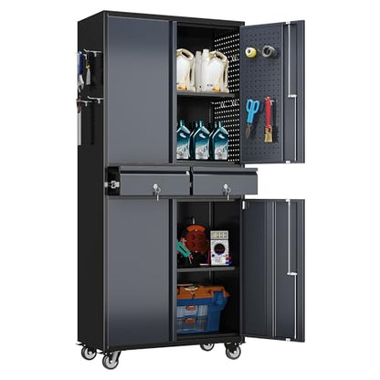 71" Metal Garage Storage Cabinet with 2 Drawers and Wheels - color: Black-dark Gray, size: 16"D x 30"W x 71"H