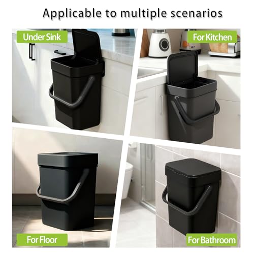Compost Bin Kitchen, for use on Countertops or Under Sinks, Hanging Trash Can with Lid, Mountable Indoor Compost Bucket, for Cupboard/Bathroom/Bedroom/Office/Camping (Black 0.8 Gallon/3L)
