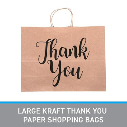 Large Kraft Thank You Paper Shopping Bags - 16”L x 6”D x 12”H - Case of 100