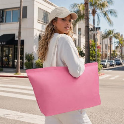 Large Canvas Tote Bag Reusable Extra Big Grocery Bags - color: Pink With Zipper