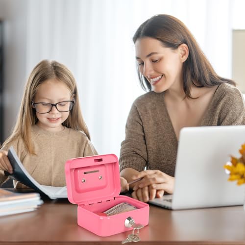 Cash Box with Lock Small Cute Coin Lock Box with Money Slot Mini Portable Gamblers Safe Box 4.5"x3.4"x2.4" Pink - color: Pink-Mini