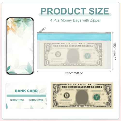 PATIKIL 8.5x4 Inch Money Bags with Zipper, 4Pcs Clear PVC Cash Deposit Bank Pouch Envelopes Check Wallet for Coin Cosmetics Invioce Bill, Blue - color: Blue