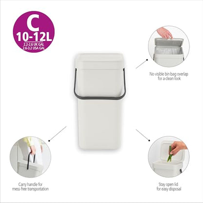 Brabantia Sort & Go Recycling Trash Can 3.2 Gallons (12L)(Gray), Space-Efficient Plastic Garbage Can with Handle, Removable and Stay-Open Lid, Easy to Clean Kitchen Bin Without Nooks and Rims