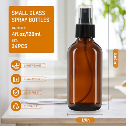 Jaisie.W 4 oz Amber Glass Spray Bottles 24 Pack, Leakproof Small Refillable - color: 24 Pack, size: 4 fl.oz