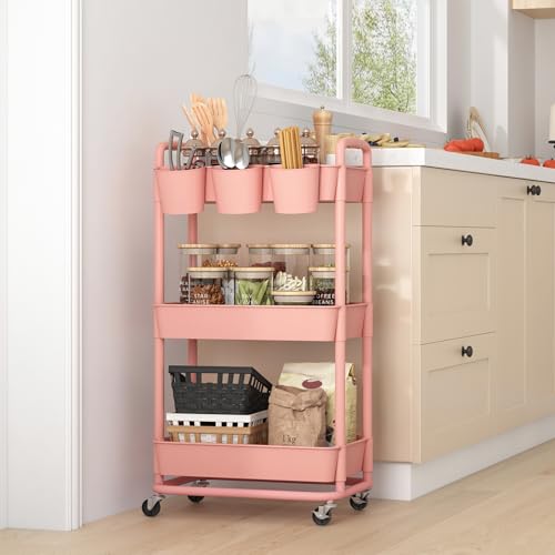 JIUYOTREE 3-Tier Plastic Rolling Storage Cart Utility Cart Pink - color: Pink, size: 3-Tier