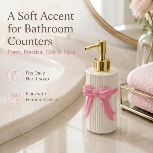 Ceramic Pink Bow Soap Dispenser, Cute Coquette Pump Dispenser, Refillable Hand Lotion Bottle, Preppy Accessories for Bathroom Kitchen Decor