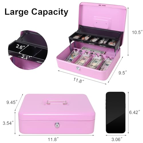 Jssmst Metal Cash Box with Money Tray and Lock, Portable Cash Drawer, 11.8" - color: Light Purple Key