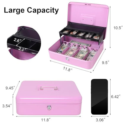 Jssmst Metal Cash Box with Money Tray and Lock, Portable Cash Drawer, 11.8" - color: Light Purple Key