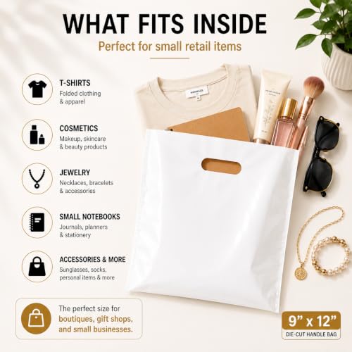 White Plastic Merchandise Bags, Die Cut Retail Shopping Bags for Small Business, Boutique & Store Packaging, 1.25 Mil, 9x12, 12x15, 15x18, Packs of 100, 200, 500 (100, 9x12) - size: 9x12