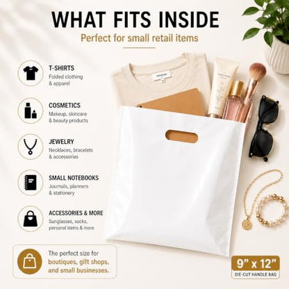 White Plastic Merchandise Bags, Die Cut Retail Shopping Bags for Small Business, Boutique & Store Packaging, 1.25 Mil, 9x12, 12x15, 15x18, Packs of 100, 200, 500 (100, 9x12) - size: 9x12