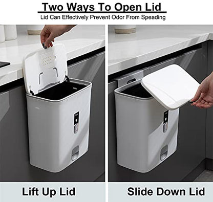 Sooyee Trash Can with Lid,2.4 Gallon Small Trash Can,Hanging or Standing Plastic Compost Bin for Cupboard/Bedroom/Office/Camping/Kitchen/Bathroom,Waste Basket,White