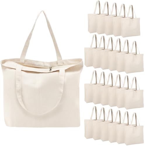 Segarty Canvas Tote Bag with Zipper, 24 Pack 16x13 Reusable Bags for Women, Blank Canvas Tote Aesthetic with Natural Cotton Cloth, Shoulder Strap, Bulk for DIY, Grocery, Beach, Travel，Gift - size: 16.5"x13.4"x3.9", style: Beige_24pcs