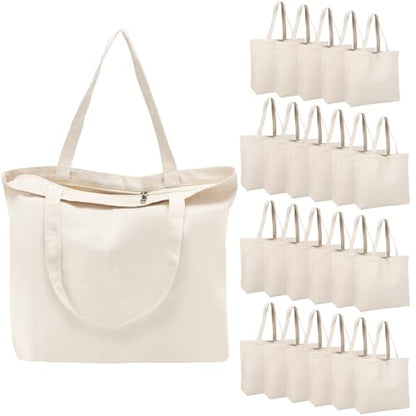 Segarty Canvas Tote Bag with Zipper, 24 Pack 16x13 Reusable Bags for Women, Blank Canvas Tote Aesthetic with Natural Cotton Cloth, Shoulder Strap, Bulk for DIY, Grocery, Beach, Travel，Gift - size: 16.5"x13.4"x3.9", style: Beige_24pcs