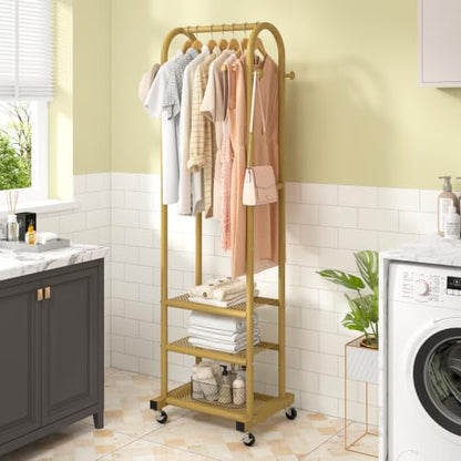 Kaitiemoo Clothing Rack, Mobile Garment Rack with Wheels & 3 Shelves, Gold - color: Gold