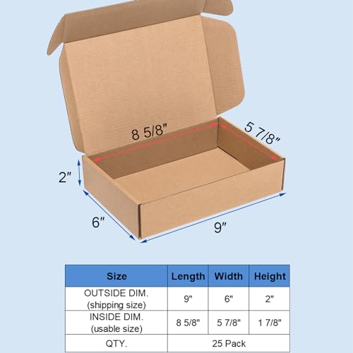 Wowxyz Shipping Boxes 9x6x2" 25 Pack Brown Corrugated Cardboard Box - size: 9x6x2"