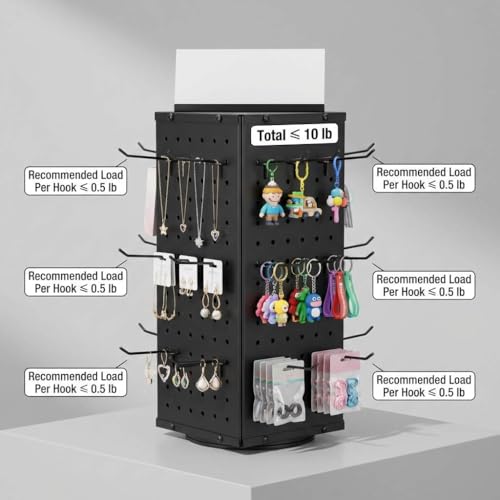QWORK Rotating Metal Pegboard Display Stand – 4-Sided Spinner with 24 Hooks for Jewelry, Craft & Retail Use