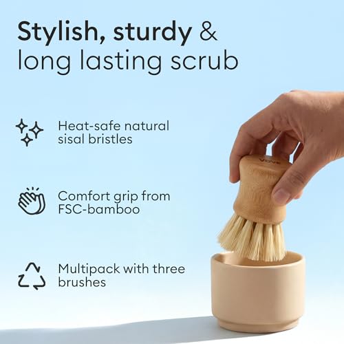 Vove Bamboo Dish Scrub Brush Set 3-Pack with Ceramic Holder - size: Brush & Cup Set - 1 Hard, 1 Medium