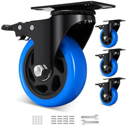 4 Inch Swivel Casters Set of 4, 1800 Lbs Heavy Duty Caster Wheels, Dual-Locking Castors with Brake, No Noise Top Plate Wheels for Furniture, Workbench and Carts (Free Hardware Kits) - size: 4inch