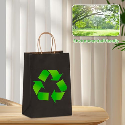 Joybe 100 Pack 5.95x3.25x8 Inch Small Black Paper Bags with Handles Bulk, Kraft Paper Gift Bags for Birthday Party Favors Grocery Retail Shopping Business Goody Merchandise Craft Blank Sacks (100pcs)