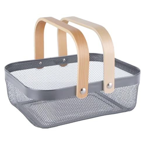 AJIODA Metal Mesh Steel Basket, Storage Organizer Basket Garden Harvest Basket Multi-functional Kitchen Fruit Baskets Bin with Wooden Handle for Bathroom Picnic Shopping Decor Cabinet Home, Grey - color: Gray