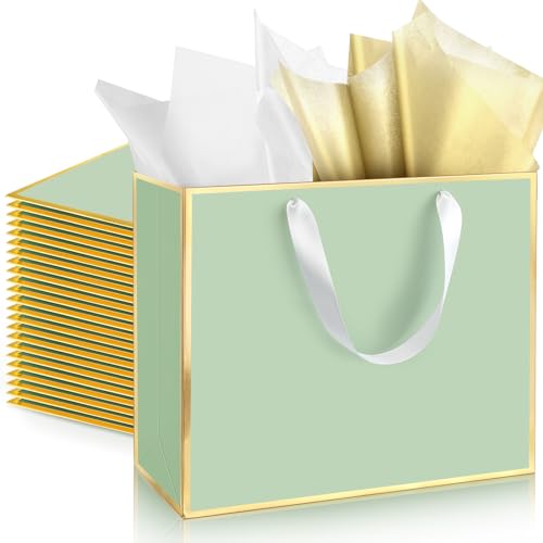 ReliThick 12 Pack Paper Gift Bag with Handles & Tissue, Sage Green - color: Sage Green