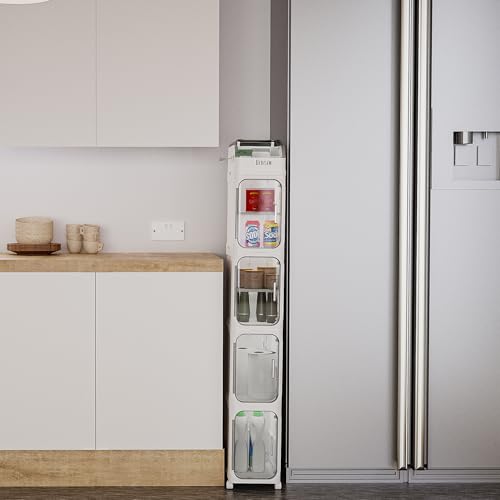 BINSIO 5-Tier Tall Narrow Storage Cabinet, Slim Rolling Storage Cabinet with Clear Doors, Adjustable Shelves, Foldable Organizer for Laundry Room, Kitchen Pantry, Utility Room and Small Spaces