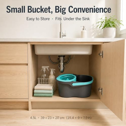 Lambert Home Spin Mop and Bucket Set with Wringer, Hands-Free Self-Wringing Floor Mop, 2 Washable Microfiber Mop Heads, 42.1-50 in Adjustable Stainless Steel Handle, Gray Blue
