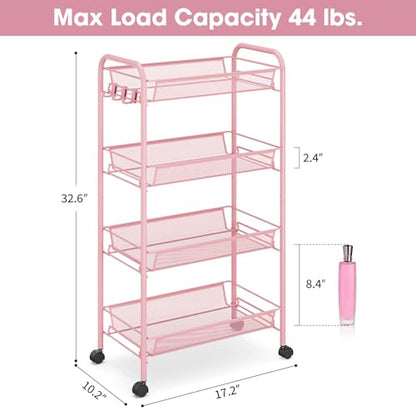 TOOLF 4 Tier Rolling Cart, Metal Utility Storage Cart with Wheels, Pink - color: Pink, size: 4-Tier