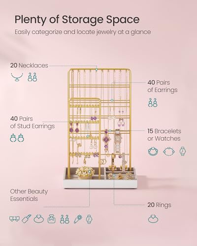 SONGMICS Jewelry Holder, Display Stand, Metal Frame, Velvet Tray - color: Pale Gold, size: 5.5"D x 9.4"W x 14.1"H