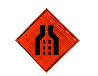 48" Reflective Fluorescent Orange Roll-Up Warning Sign. (DUAL LANE REDUCTION SYMBOL WITH ONE OVERLAY BAR) - color: DUAL LANE REDUCTION SYMBOL WITH ONE OVERLAY BAR