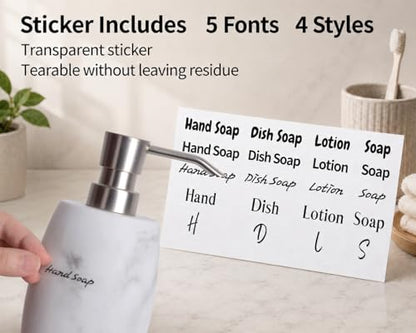 Clasin Home Resin Soap Dispenser Set 2, Refillable Hand Soap Dispenser with White Marble Look and Metallic Pump, Kitchen, Bathroom, Waterproof Labels (12 Oz) - color: White_2 Pcs