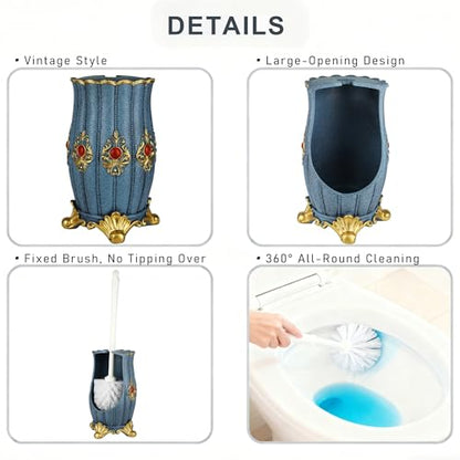 Vintage Toilet Brush Holder Set for Bathroom, Baroque Stylish Toilet Cleaning Brush and Holder with Wide-Mouth Storage Heavy Solid Base (Blue & Gold)