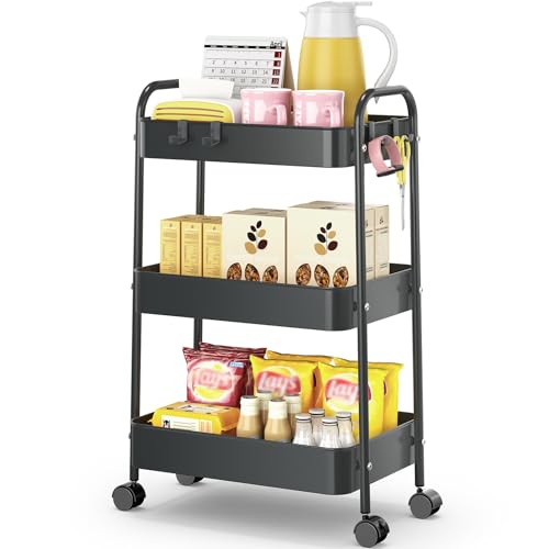 TOOLF 3 Tier Rolling Cart, Metal Utility Storage Cart with Wheels, Pink - color: Black