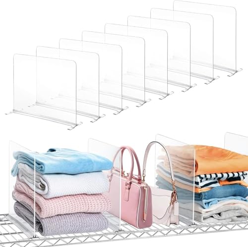 6 Pack Shelf Dividers for Wire Shelves, Acrylic Clear Closet Organizers and Storage for Sweater, Shirts, Bookshelf Handbags Separators Dividers for Closet Organization in Bedroom/Kitchen/Office/Pantry