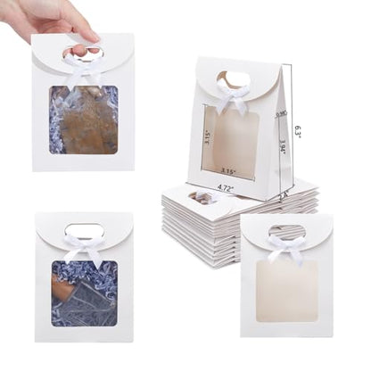 NBEADS 24 Pcs Small White Kraft Paper Bags with Window, 6.3x4.72x2.44inch Stand Up Gift Bag with Handles and Bowknot for Cookies Packaging Wedding Christmas Party Store Retail - color: White-24Pcs-l.w.h:4.72x2.44x6.3"
