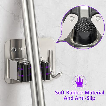 Broom Holder Wall Mount Rack, 304 Stainless Steel Mop and Tool Organizer - color: Silver-Black