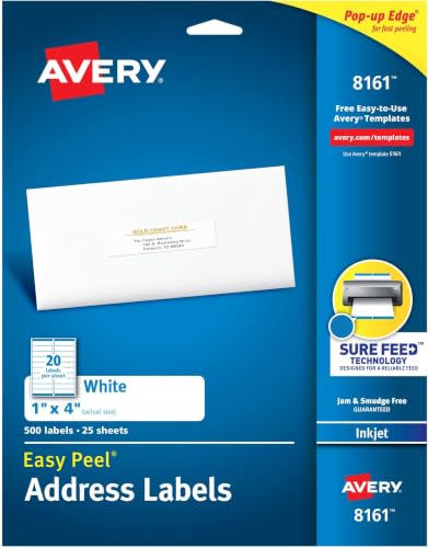 Avery Easy Peel Printable Address Labels with Sure Feed, 1" x 4", White, 500 Blank Mailing Labels (08161) (Pack of 5) - style: Pack of 5 x 500 Labels
