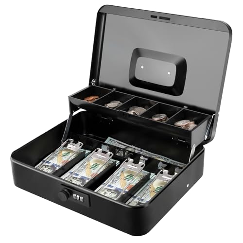 Jssmst Metal Cash Box with Money Tray and Lock, Portable Cash Drawer, 11.8" - color: Black Code-A